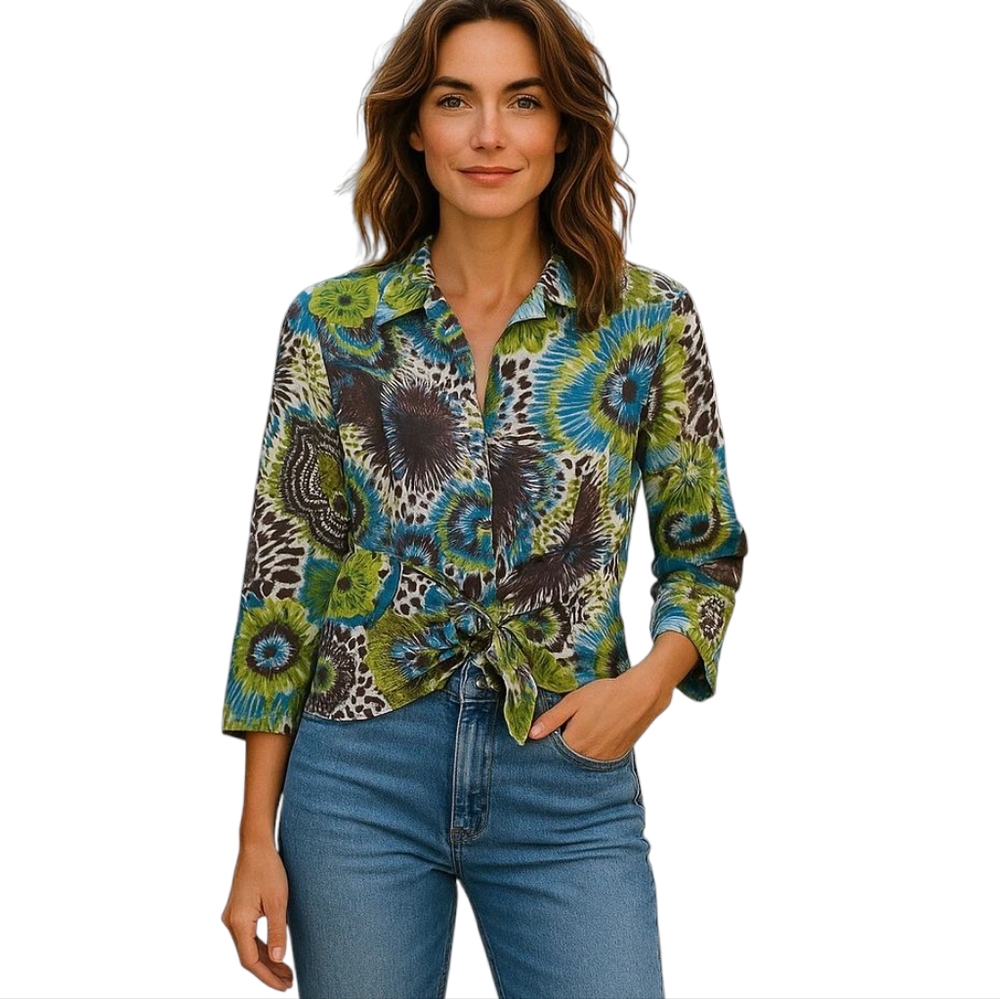 Lafayette 148 New York Floral Sketch Linen Tie Front Collar Blouse Womens Size 2